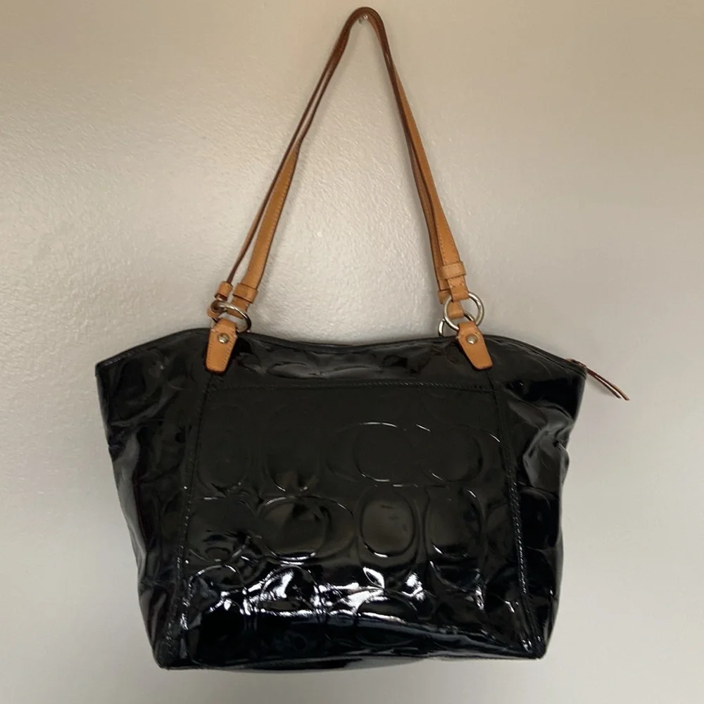 Coach Black Patent Leather Tote Bag Large Signature C Embossed Tan Strap EUC - Picture 4 of 17